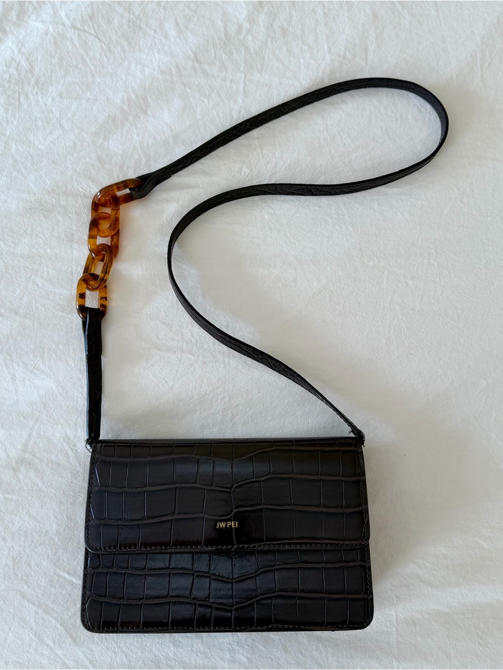 JW PEI Nutella Brown Croc-Embossed Crossbody Bag with Tortoiseshell Chain